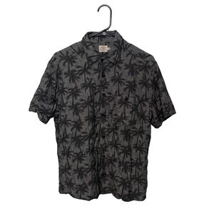 Faherty Button Up Shirt Mens Medium Black Gray Palm Tree Linen Rayon Blend Beach